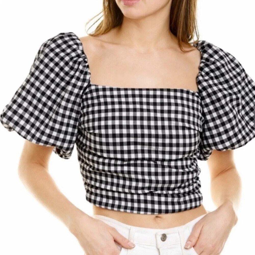 Mimosa NWT Black White Gingham Smocked Puff Sleeve Cropped Blouse Size Small